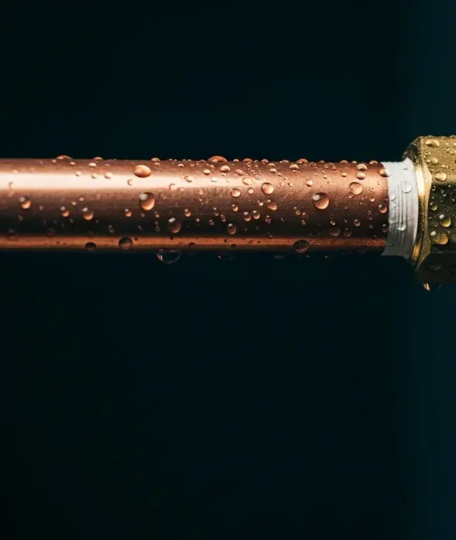 Close view of polished copper pipe beaded with water droplets against a dark wall