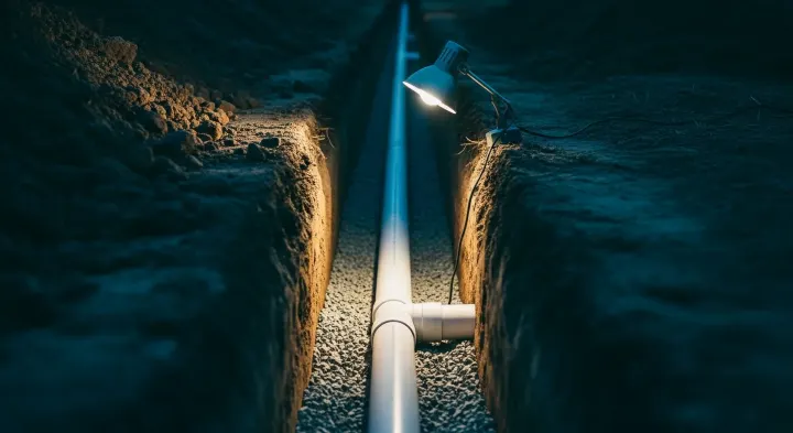Excavated trench at dusk with drainage pipe laid to fall on a gravel bed, lit by a single work lamp
