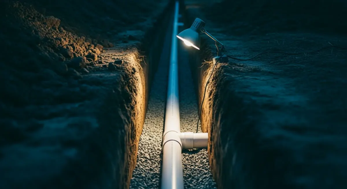 Excavated trench at dusk with drainage pipe laid to fall on a gravel bed, lit by a single work lamp
